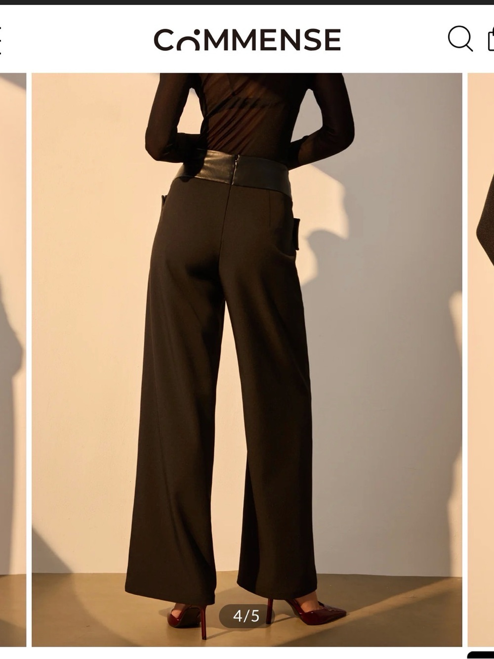 Commense Black Wide-Leg Pants with Faux Leather Waist Panel - Picture 2 of 6